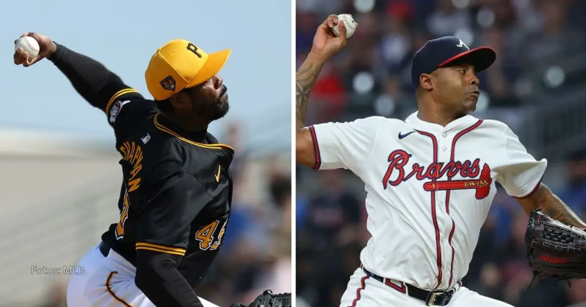 Aroldis Chapman con el uniforme de Pittsburgh Pirates junto a Raisel Iglesias con Atlanta Braves